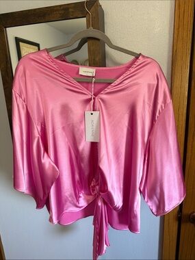 Adrienne Bubble Gum  Pink Satin Front-Tie Dolman Top Boutique purchased
